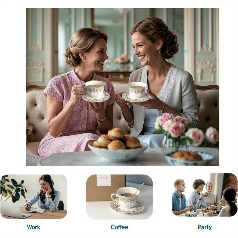 1 Set Vinta Floral Porcelain Tea Cup and Saucer Set with Spoon - Golden Trim Elegant Teal Blue & Pastel Floral Design, 6.4oz Cup & Saucer, Fine China for Tea, Coffee, Espresso - Vintage-Inspired Luxury Tableware for Home or Gifting