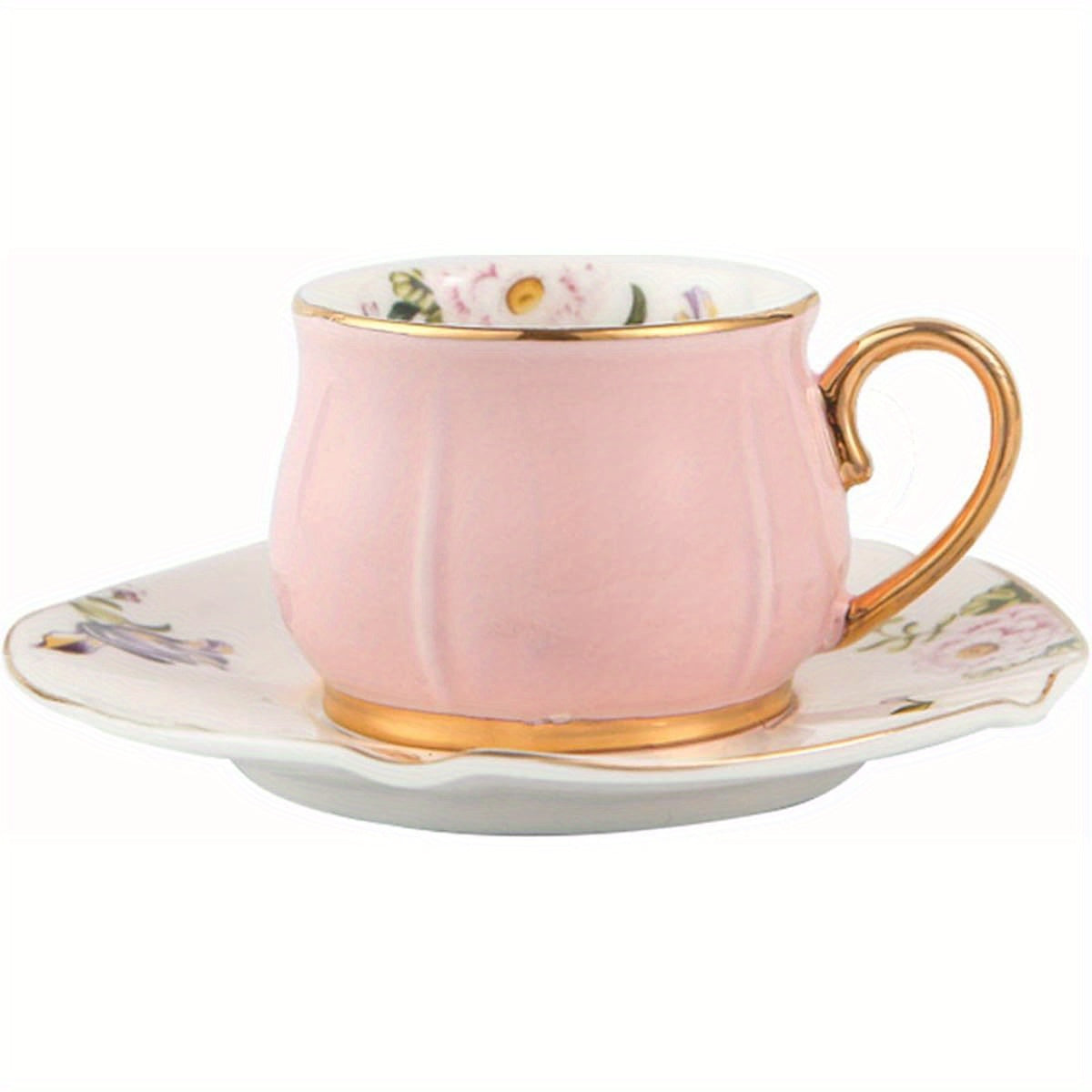Pink Coffee Cup and Saucer Set, Porcelain Tea Cup with Golden Trim, Big Floral Tea Cup for Gift, Tea Party, 7, 43oz, Perfect for Thanksgiving, Christmas, Halloween, Easter, Mother'S Day, Father'S Day, Thanksgiving Gift, Elegant Tableware, Durable