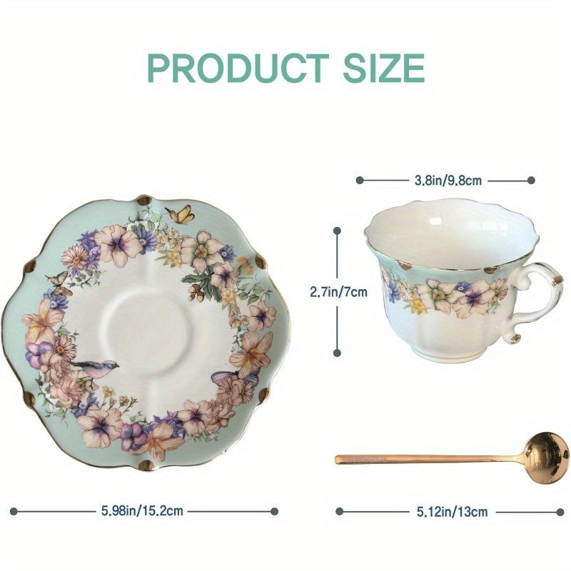 1 Set Vinta Floral Porcelain Tea Cup and Saucer Set with Spoon - Golden Trim Elegant Teal Blue & Pastel Floral Design, 6.4oz Cup & Saucer, Fine China for Tea, Coffee, Espresso - Vintage-Inspired Luxury Tableware for Home or Gifting