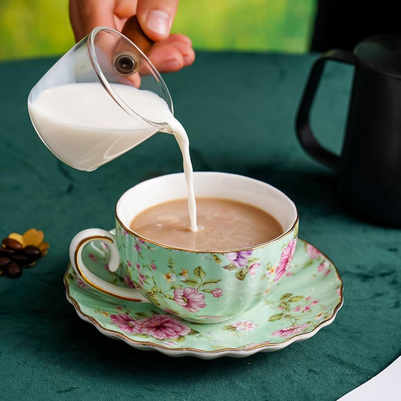Tea Cup and Saucers 6. 4oz Floral Tea Cups with Golden Trim Porcelain Bone China Teacup Coffee Cappuccino Espresso Latte Mugs for Party Birthday Party Cafe Home Christmas Gift Green