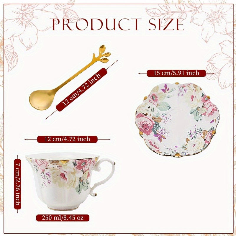 3pcs Vintage Bone China Tea Cup and Saucer Set with Spoon - Pink & Floral Pattern, Golden Trim, Elegant Soft Pastel Colors for Women, Tea Parties, Home Decor - Durable Travel-Friendly Giftware (Hand Wash Only), Tea Cup Set, Stylish Old Money Tea Cup Set,