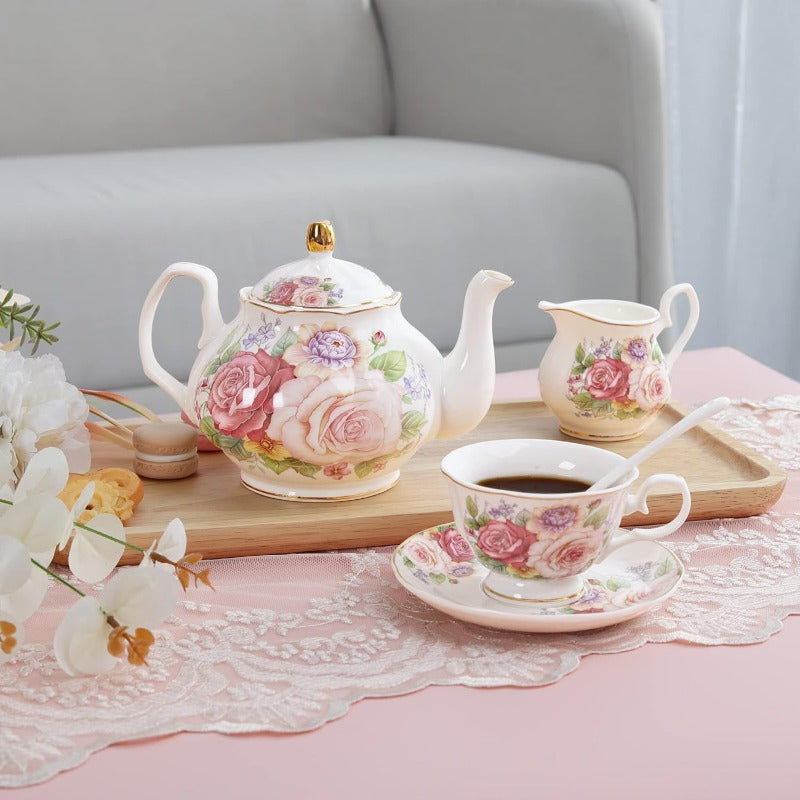 fanquare European Porcelain Coffee & Tea Set - Vintage Floral Bone China with Pink Roses & Golden Rim, Elegant Teapot & Cups with Saucers and Sugar Bowls for Women, Elegant Gift Box, Durable & Easy-Clean Surface, Ideal for Home, Office, or Special