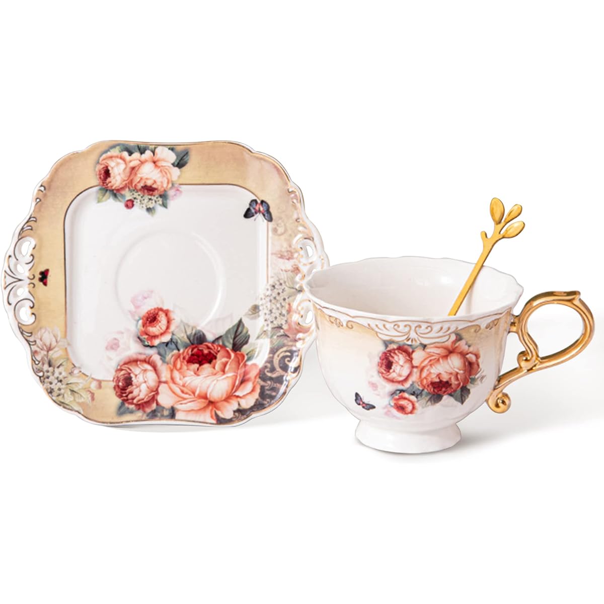 1pc Elegant European Orange Floral Porcelain Tea Cup and Saucer Set with Golden Rim & Handle - 7oz Large Capacity Coffee & Tea Service, Vintage-Inspired Dishwasher Safe China Set with Matching Spoon, Ideal Gift for Housewarming, Wedding, Christmas - Beige