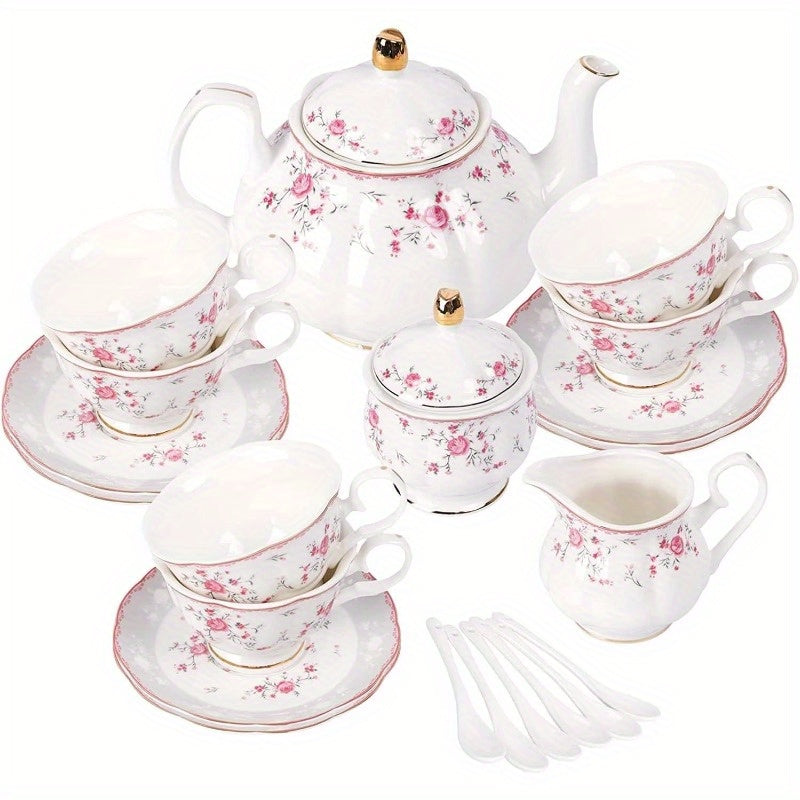 Vintage Floral Tea Set for Women - Elegant Pink Rose & White Porcelain Tea Party Set with Teapot, Cups & Saucers, Spoons - Wedding, Bridal Shower, Tea Party Decorations - Durable & Easy-Clean Porcelain for Formal or Everyday Use - Ideal Gift for Tea