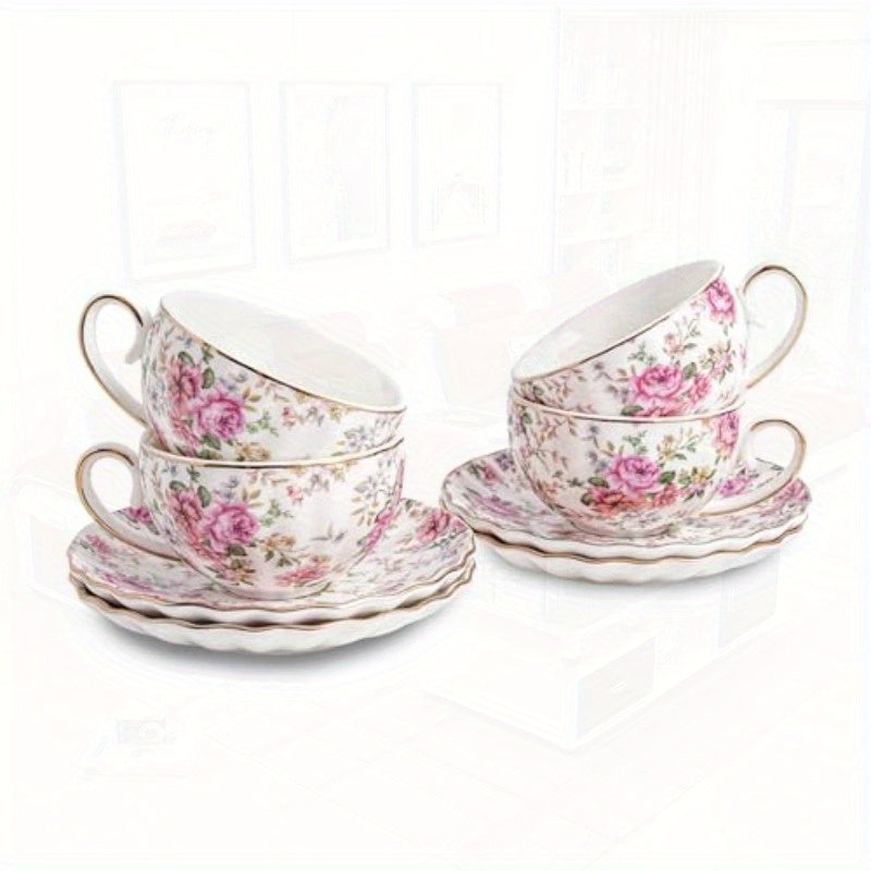 Tea Cup and Saucers 6. 4oz Floral Tea Cups with Golden Trim Porcelain Bone China Teacup Coffee Cappuccino Espresso Latte Mugs for Party Birthday Party Cafe Home Christmas Gift Green