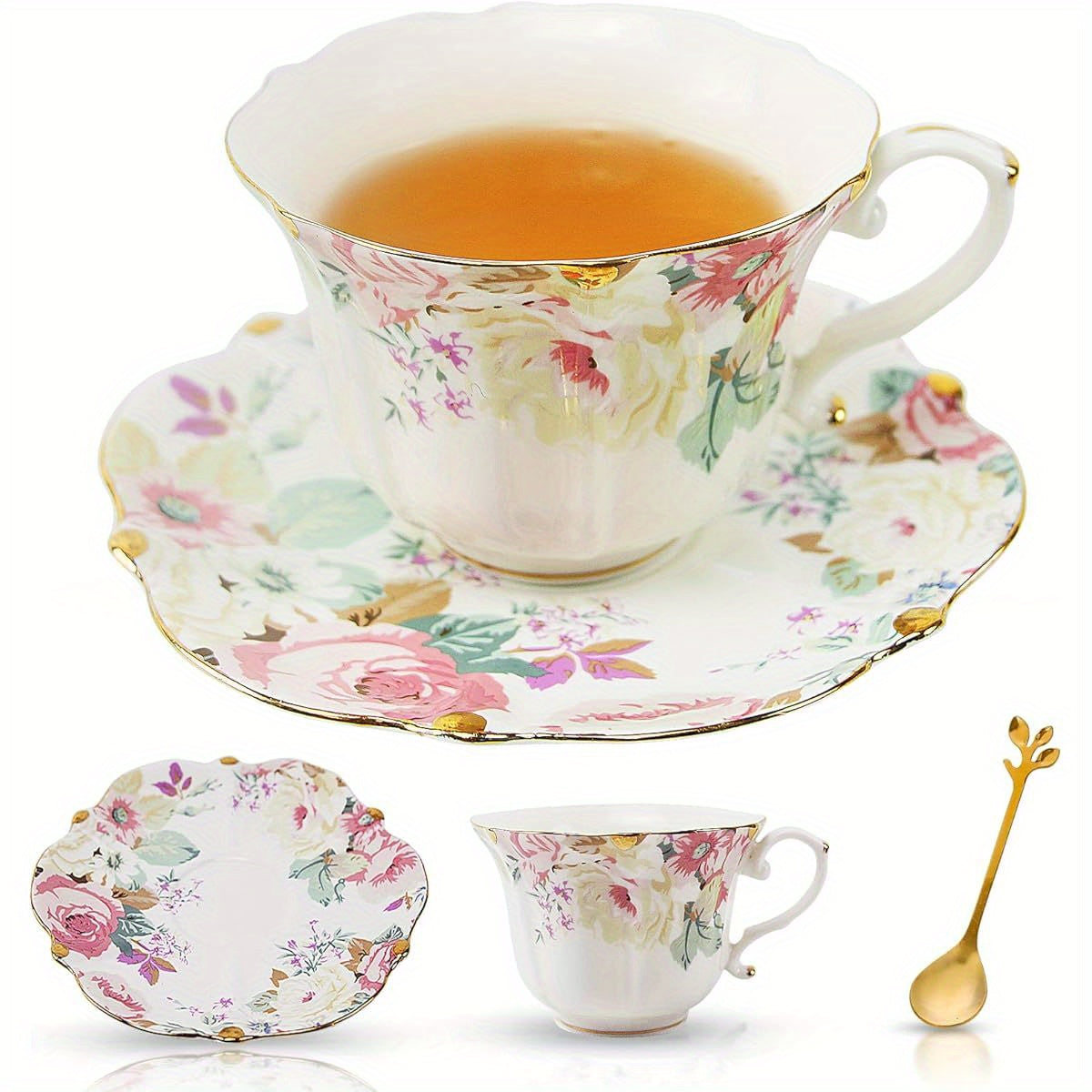 Country Roses Porcelain Tea Cup and Saucer Set with Golden Trim, 3pcs, Vintage Style, for Women and Tea Parties ( 1, Pink)