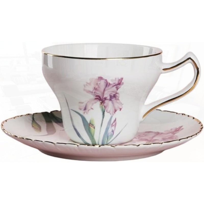 Bone China Tea Cup Set with Saucer Spoon 3 Piece Set 7oz Cappuccino Latte Cups Porcelain British Style Mother's Day Gift (Pink Iris)