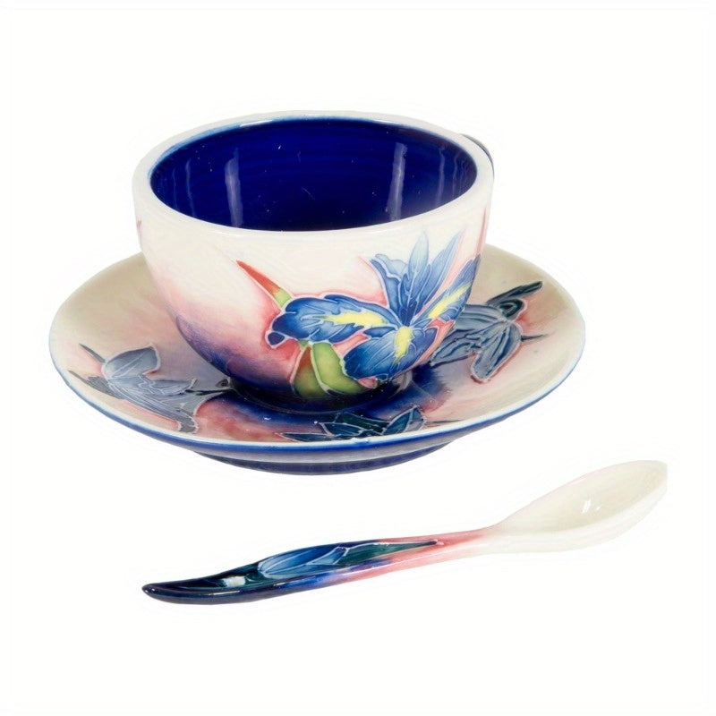Springdale Collection Hand-Painted Iris Floral Porcelain Cup & Saucer Set - Blue Iris Flowers on, Rectangular Saucer, Elegant Tea/Coffee Set, Durable Porcelain, Perfect Gift for Home Decor (5" Diameter, 3.5" Height)