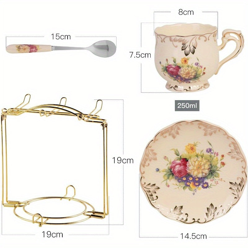 Flowering Shrubs Tea Cups and Saucers Set of 6 Ivory Ceramic Floral Tea Cups Set with Golden Rack Coffee Cups 8oz, Cups for Tea, Porcelain Tea Cup, Teacup, Tea Sets, Elegant Tableware, Tea Party Supplies, Vintage Tea Ware, Decorative Teacups, Fine China