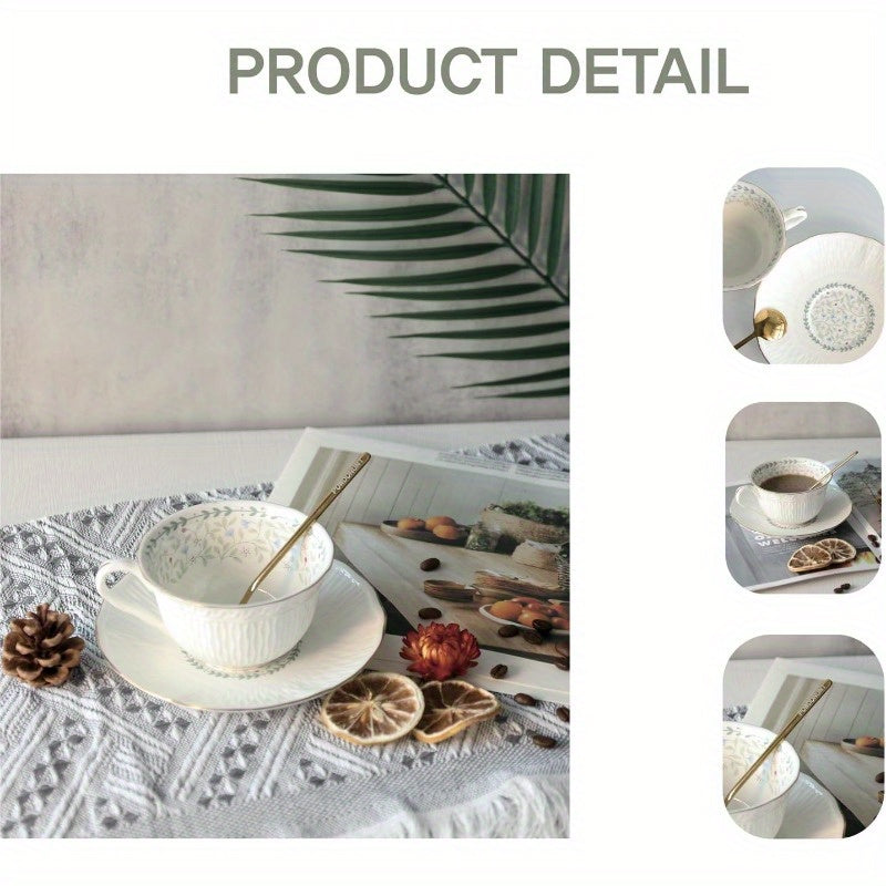 1 Set Vinta Floral Porcelain Tea Cup and Saucer Set with Spoon - Light Blue & Golden Trim Elegant Floral Design, 6.4oz Cup & Saucer, Comfortable Handle & Stable Saucer for Tea, Coffee, Espresso - Durable Fine China for Home, Travel, Special Occasions -