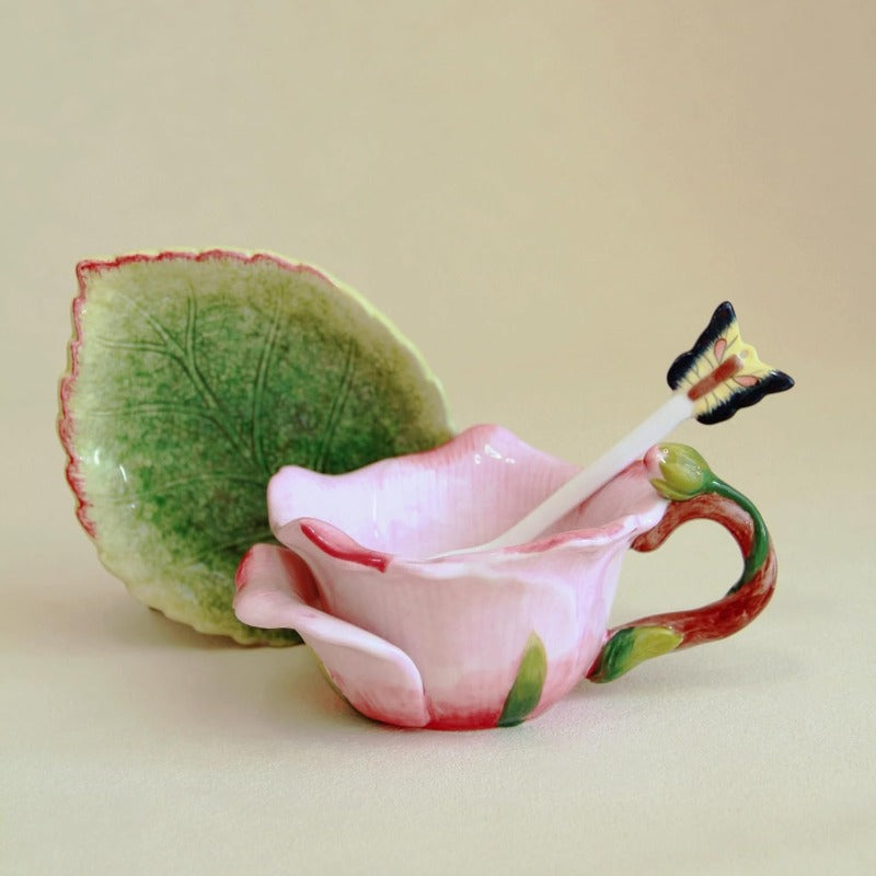 1pc Elegant Hand-Painted Ceramic Tea Cup and Saucer Set with Butterfly Spoon - 6oz Pink Rose & Green Leaf Floral Design, Soft Pastel Colors (Pink, Green, Yellow, Brown) - Hand-Painted Dolomite Ceramic Mug for Coffee, Tea, Hot/Cold Drinks - Decorative Gift
