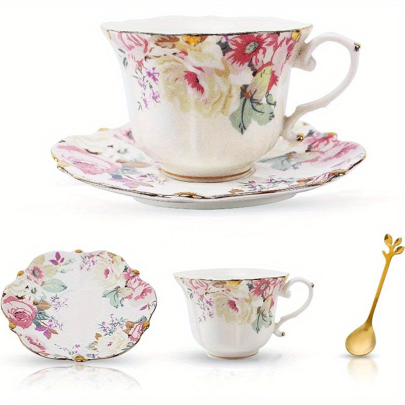 3pcs Vintage Bone China Tea Cup and Saucer Set with Spoon - Pink & Floral Pattern, Golden Trim, Elegant Soft Pastel Colors for Women, Tea Parties, Home Decor - Durable Travel-Friendly Giftware (Hand Wash Only), Tea Cup Set, Stylish Old Money Tea Cup Set,