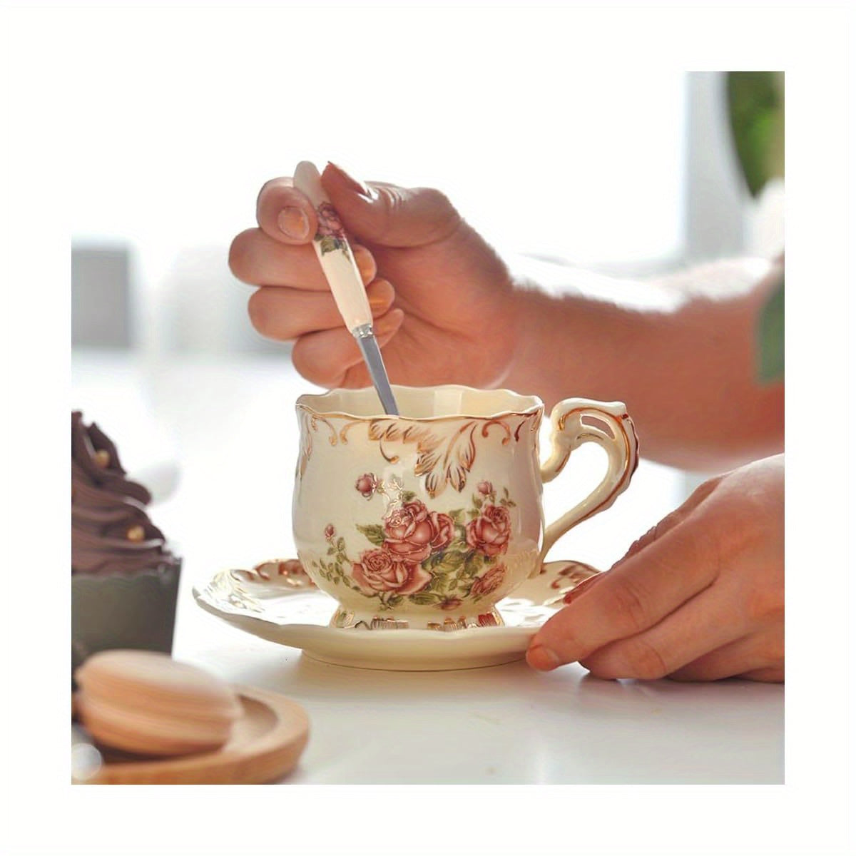 YOLIFE Vintage Floral Tea Cup and Saucer Set with Spoon - 8oz Ceramic Teacup, Ivory & Pink Rose Design with Golden Leaf Trim, Elegant Gift for Women, Afternoon Tea, Special Occasions, Durable & Easy-Clean Porcelain Set