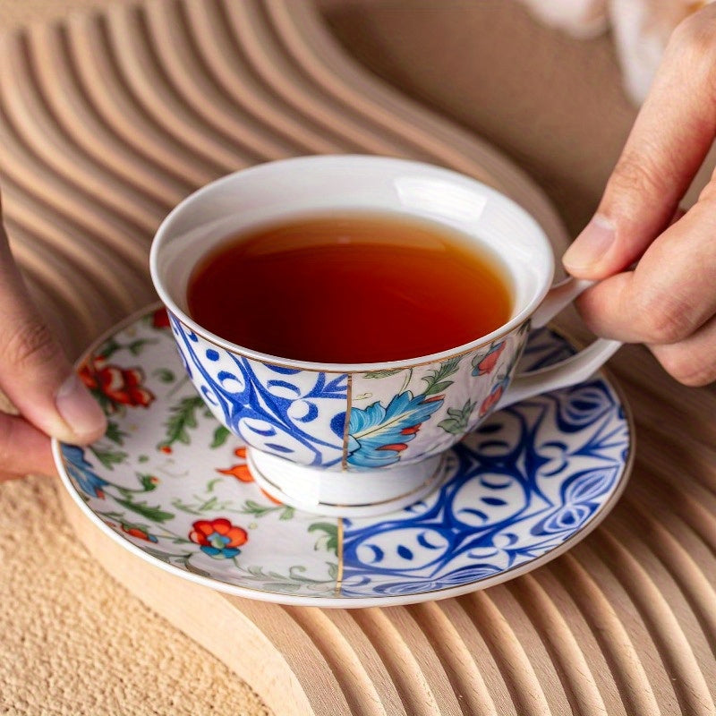BTaT Set of 6 Vintage Indigo Bloom Floral Porcelain Tea Cups & Saucers - 8oz Elegant Blue & White Bone China-Style Cups with Dishwasher Safe Design, Microwave & Freezer Safe, Stackable for Space-Saving Storage - Ideal for Tea, Coffee, Home or Gifting,