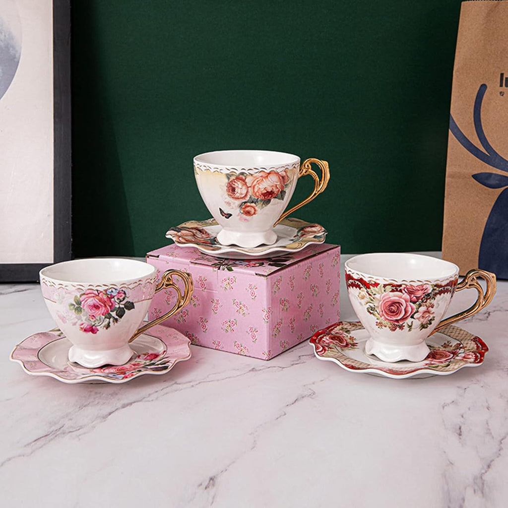 Pink Floral Porcelain Tea Cup & Saucer Set with Golden Handle - Elegant Wavy Edge 7oz Mug, Pink Roses & Green Foliage Design, Durable Heat-Retaining Coffee Cup for Tea, Coffee, Hot Beverages - Ideal for Home, Office, or Gift, Home Dining Accessories,