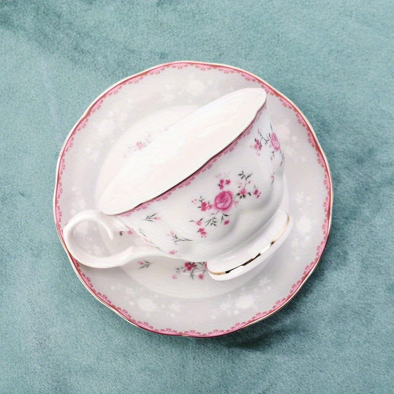 Vintage Floral Tea Set for Women - Elegant Pink Rose & White Porcelain Tea Party Set with Teapot, Cups & Saucers, Spoons - Wedding, Bridal Shower, Tea Party Decorations - Durable & Easy-Clean Porcelain for Formal or Everyday Use - Ideal Gift for Tea