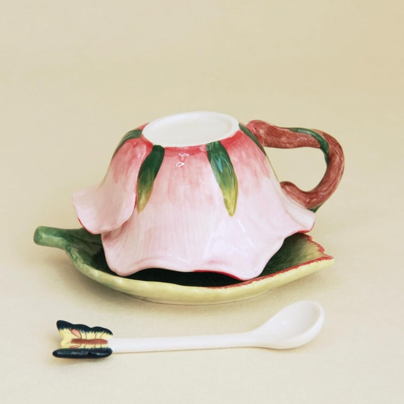 1pc Elegant Hand-Painted Ceramic Tea Cup and Saucer Set with Butterfly Spoon - 6oz Pink Rose & Green Leaf Floral Design, Soft Pastel Colors (Pink, Green, Yellow, Brown) - Hand-Painted Dolomite Ceramic Mug for Coffee, Tea, Hot/Cold Drinks - Decorative Gift
