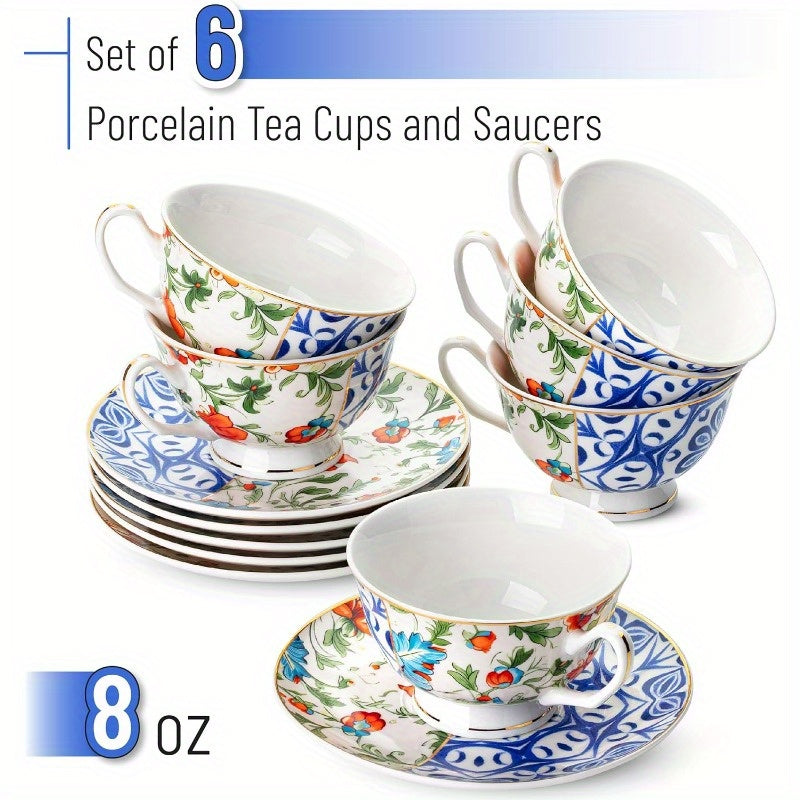 BTaT Set of 6 Vintage Indigo Bloom Floral Porcelain Tea Cups & Saucers - 8oz Elegant Blue & White Bone China-Style Cups with Dishwasher Safe Design, Microwave & Freezer Safe, Stackable for Space-Saving Storage - Ideal for Tea, Coffee, Home or Gifting,