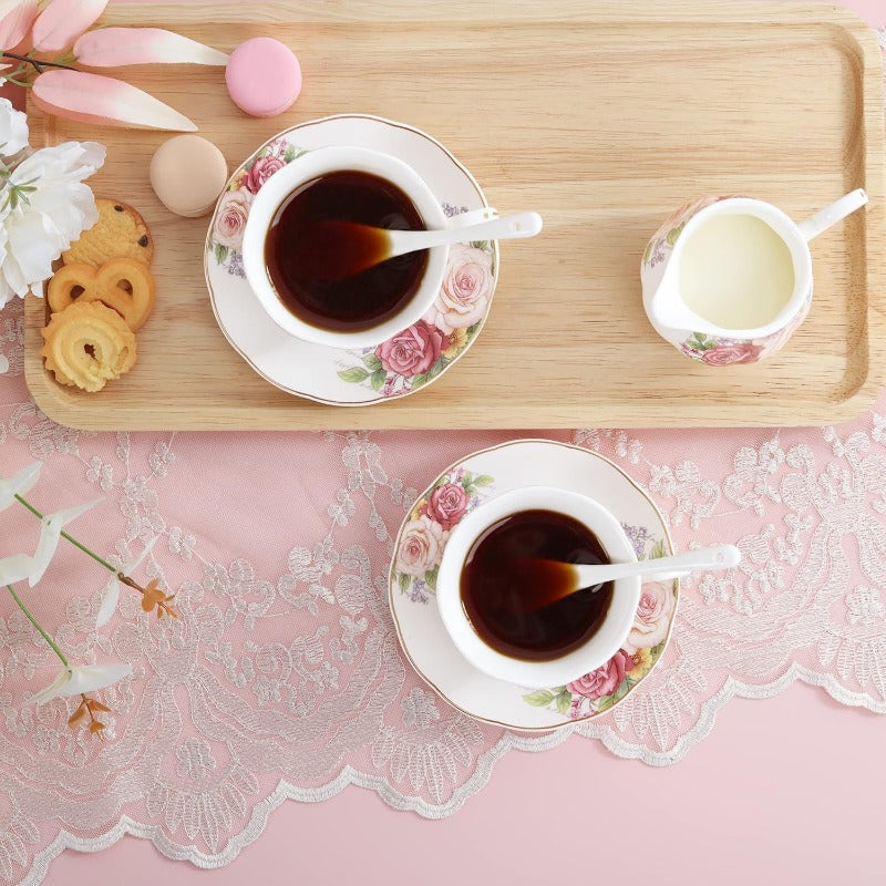fanquare European Porcelain Coffee & Tea Set - Vintage Floral Bone China with Pink Roses & Golden Rim, Elegant Teapot & Cups with Saucers and Sugar Bowls for Women, Elegant Gift Box, Durable & Easy-Clean Surface, Ideal for Home, Office, or Special