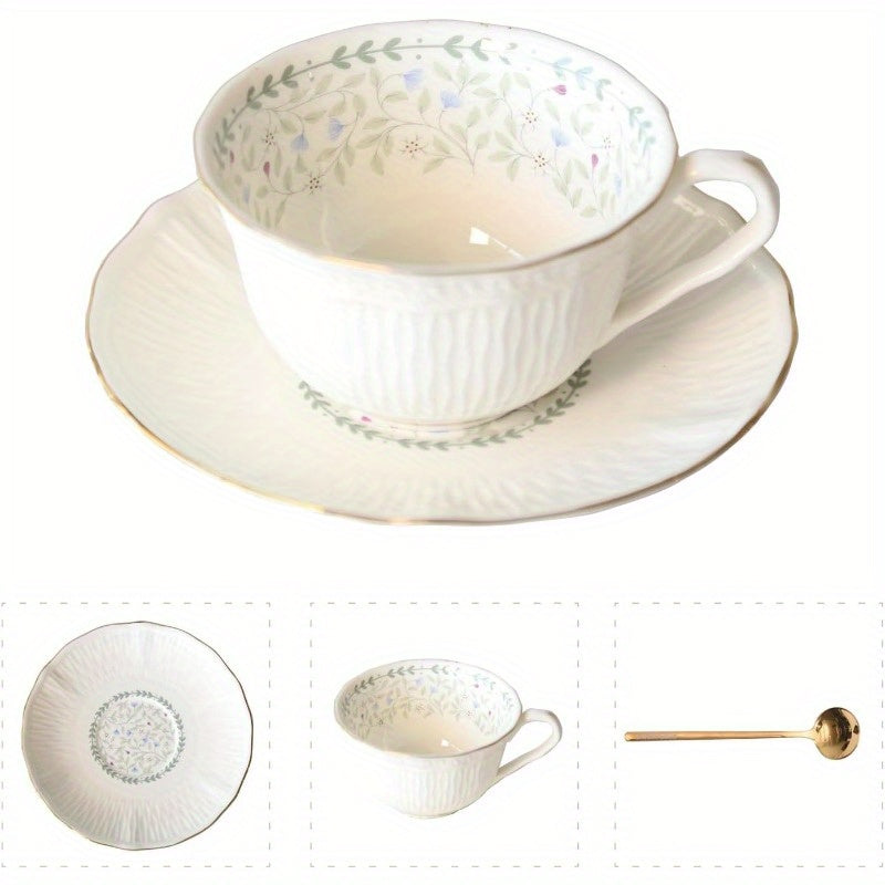 1 Set Vinta Floral Porcelain Tea Cup and Saucer Set with Spoon - Light Blue & Golden Trim Elegant Floral Design, 6.4oz Cup & Saucer, Comfortable Handle & Stable Saucer for Tea, Coffee, Espresso - Durable Fine China for Home, Travel, Special Occasions -