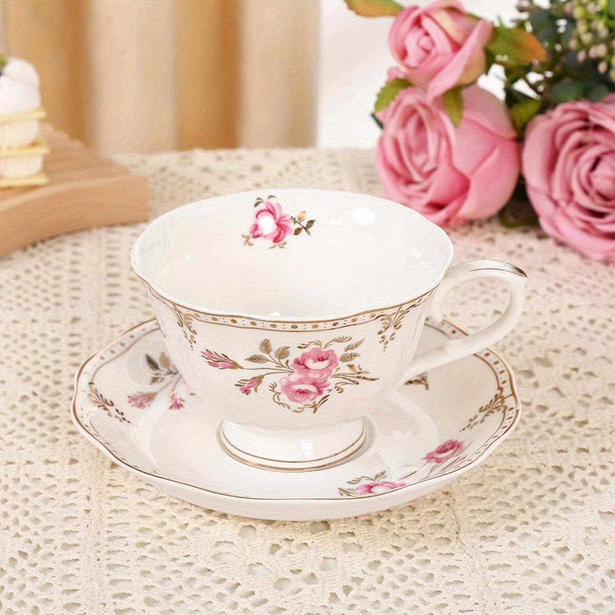 7, 4oz Floral Porcelain Tea Cup and Saucer Set, Light Pink Coffee Cup with Golden Trim, Vintage British Tea Cup, Elegant Tableware for Home or Restaurant Use, Durable and Stylish Design, Tea Cup Set, Restaurant Tableware, Classic Elegance, Highquality