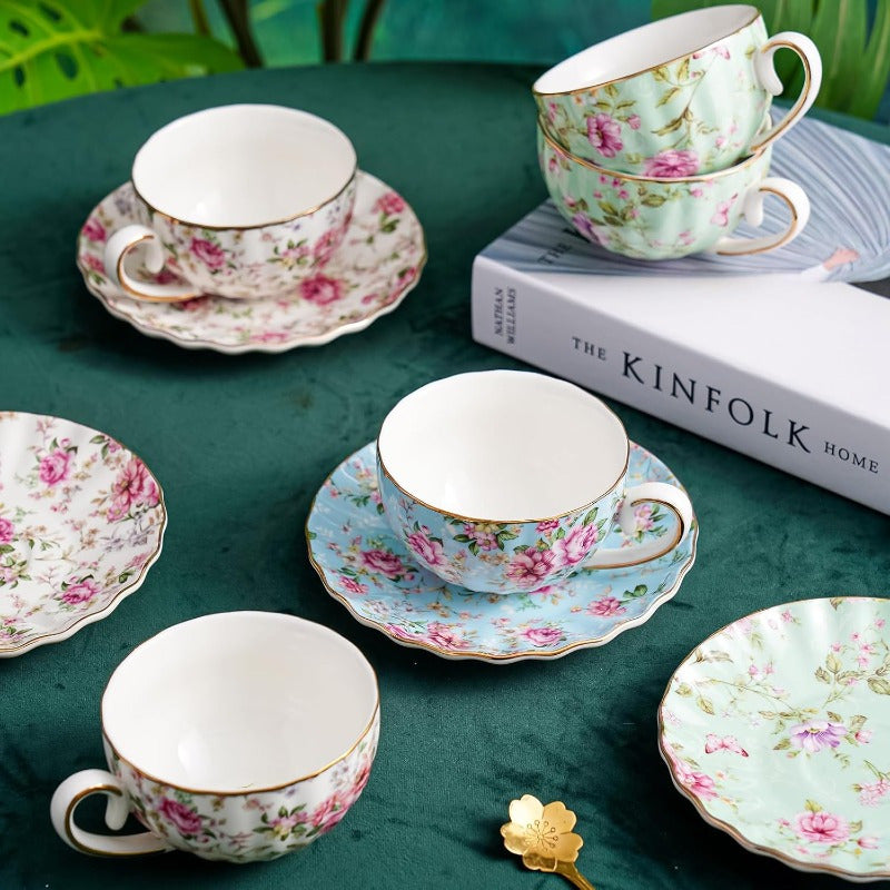Tea Cup and Saucers 6. 4oz Floral Tea Cups with Golden Trim Porcelain Bone China Teacup Coffee Cappuccino Espresso Latte Mugs for Party Birthday Party Cafe Home Christmas Gift Green