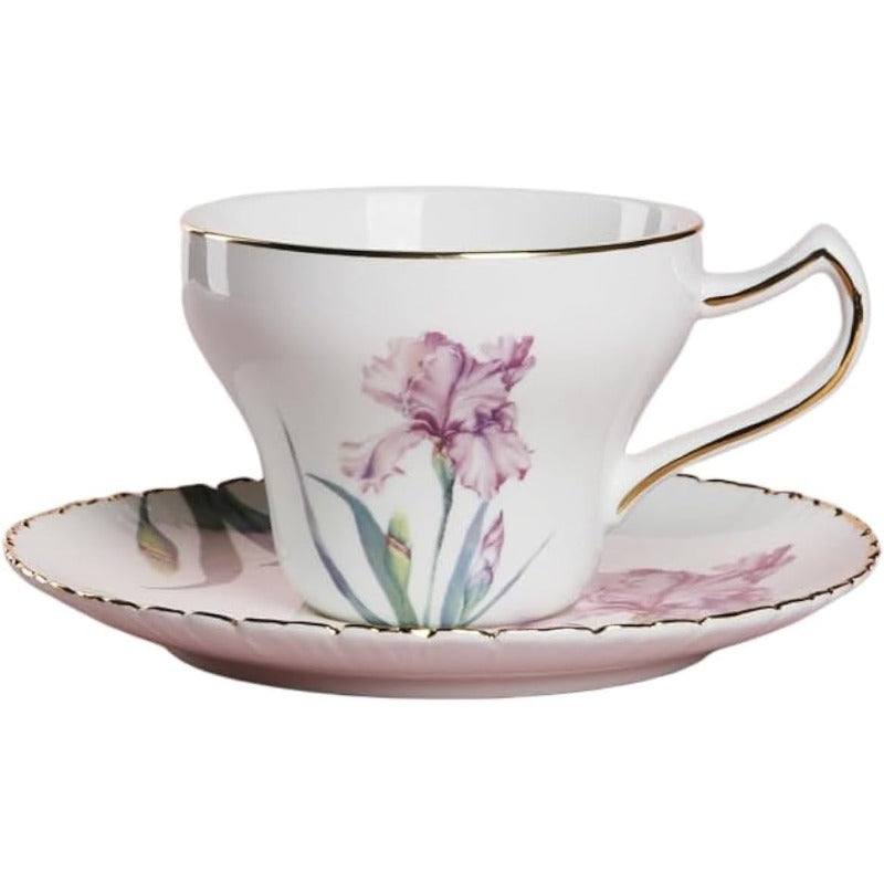 Bone China Tea Cup Set with Saucer Spoon 3 Piece Set 7oz Cappuccino Latte Cups Porcelain British Style Mother's Day Gift (Pink Iris)