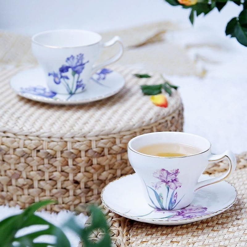 Bone China Tea Cup Set with Saucer Spoon 3 Piece Set 7oz Cappuccino Latte Cups Porcelain British Style Mother's Day Gift (Pink Iris)