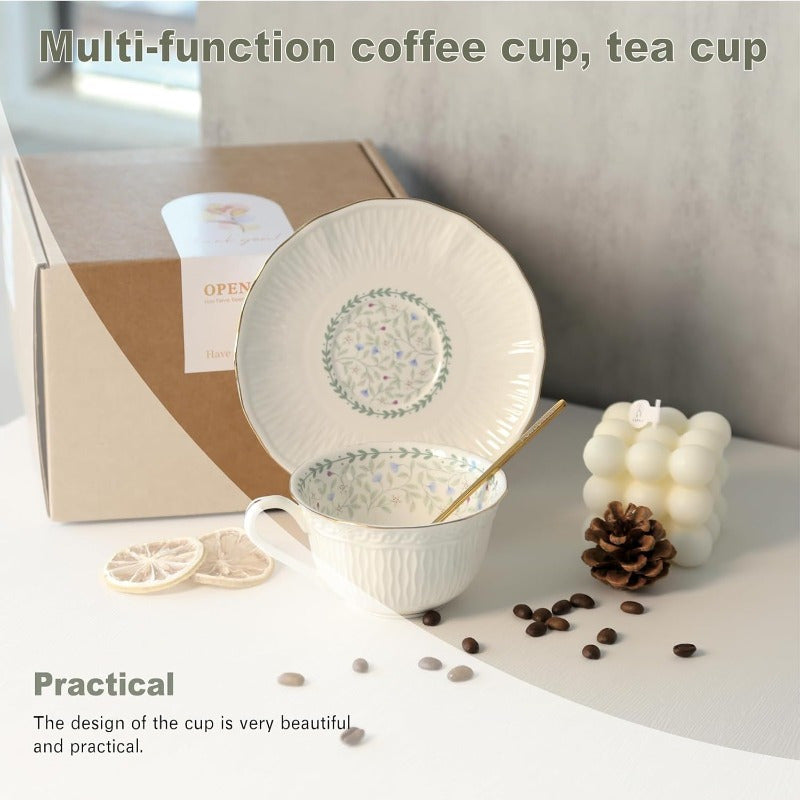 1 Set Vinta Floral Porcelain Tea Cup and Saucer Set with Spoon - Light Blue & Golden Trim Elegant Floral Design, 6.4oz Cup & Saucer, Comfortable Handle & Stable Saucer for Tea, Coffee, Espresso - Durable Fine China for Home, Travel, Special Occasions -