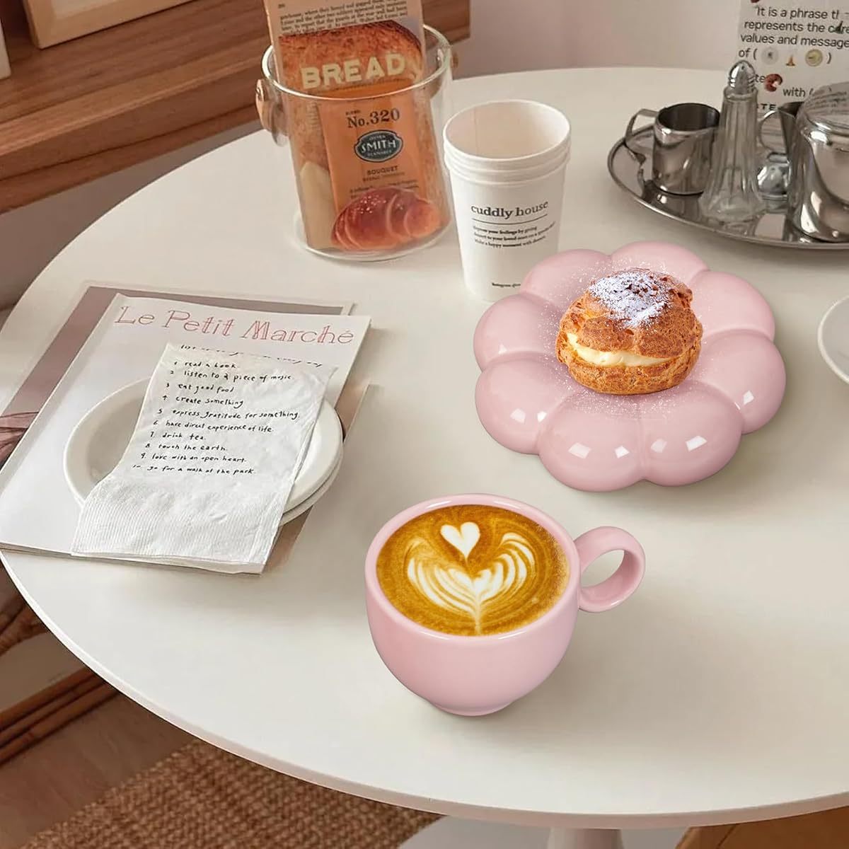 Women'S Coffee Mug Set with Saucer & Spoon - Microwave & Dishwasher Safe Cup, Elegant Floral-like design, Pastel Peach Pink - Ideal Gift for Mom, Wife, Girlfriend - Latte, Tea, Cocoa Cup - Kitchen & Dining Essentials, Home Drinkware, Stylish Drinkware,