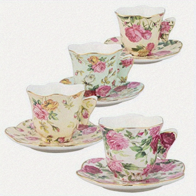 Gracie China Rose Chintz 2Ounce Porcelain Espresso Cup and Saucer Set with Butterfly Handles - 4pcs, Floral Design, White Porcelain, Perfect for Coffee or Tea, Coffee Bar Accessories | Floral Pattern Cup | Durable Porcelain