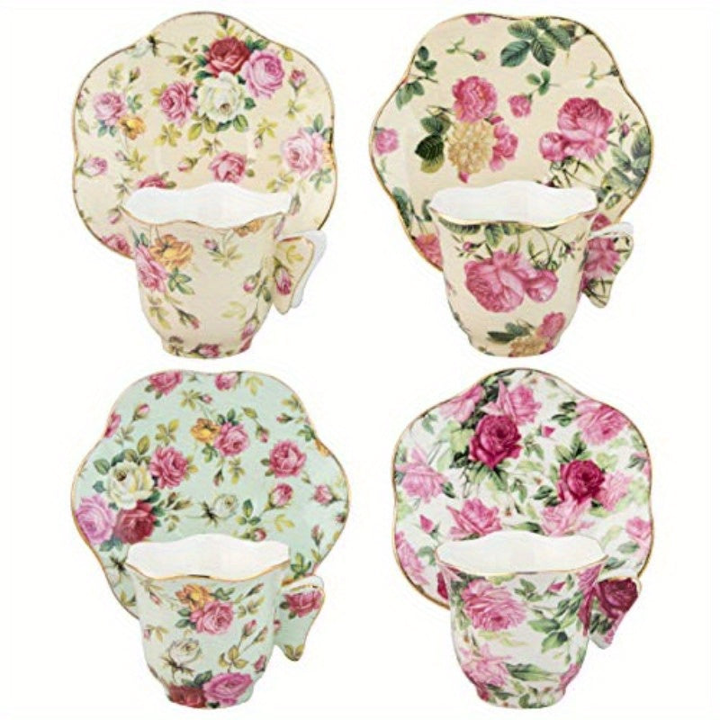 Gracie China Rose Chintz 2Ounce Porcelain Espresso Cup and Saucer Set with Butterfly Handles - 4pcs, Floral Design, White Porcelain, Perfect for Coffee or Tea, Coffee Bar Accessories | Floral Pattern Cup | Durable Porcelain