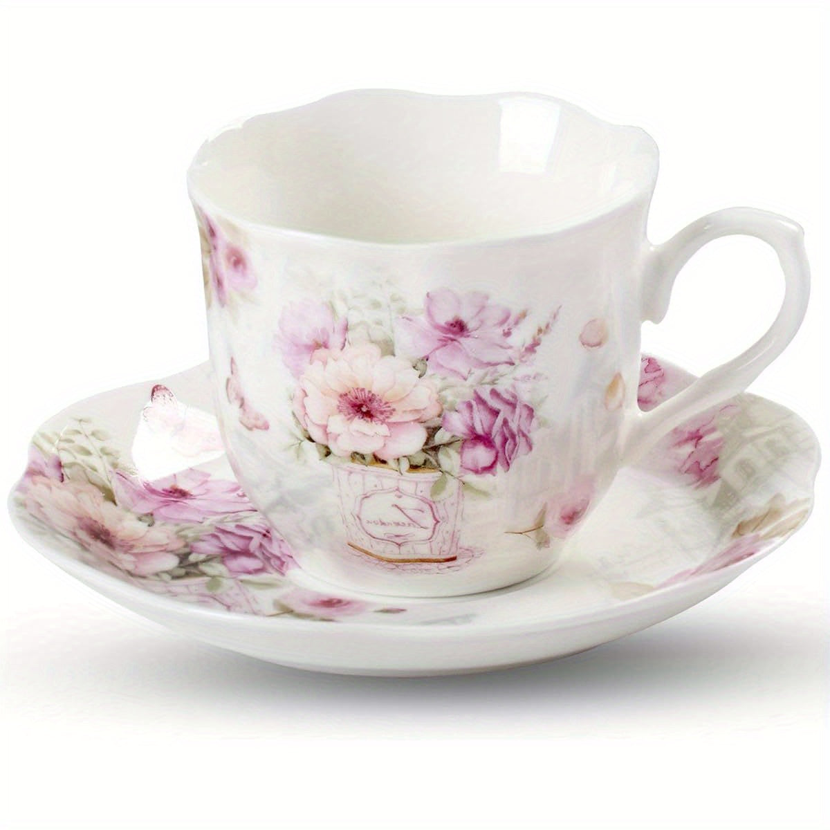 China Tea Cups And Saucers Set of 6- 7Ounce/ 200Ml - Tea Gift Sets for Adults - Purple Floral Porcelain Teacup with Saucer for Tea Party( Total 12pcs)