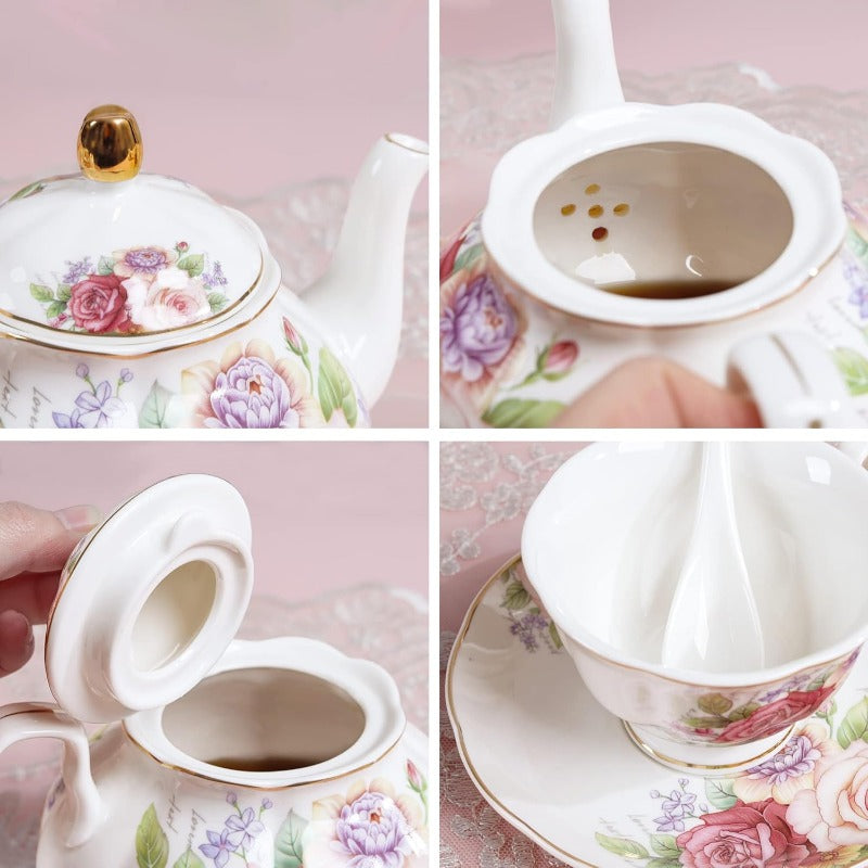 fanquare European Porcelain Coffee & Tea Set - Vintage Floral Bone China with Pink Roses & Golden Rim, Elegant Teapot & Cups with Saucers and Sugar Bowls for Women, Elegant Gift Box, Durable & Easy-Clean Surface, Ideal for Home, Office, or Special