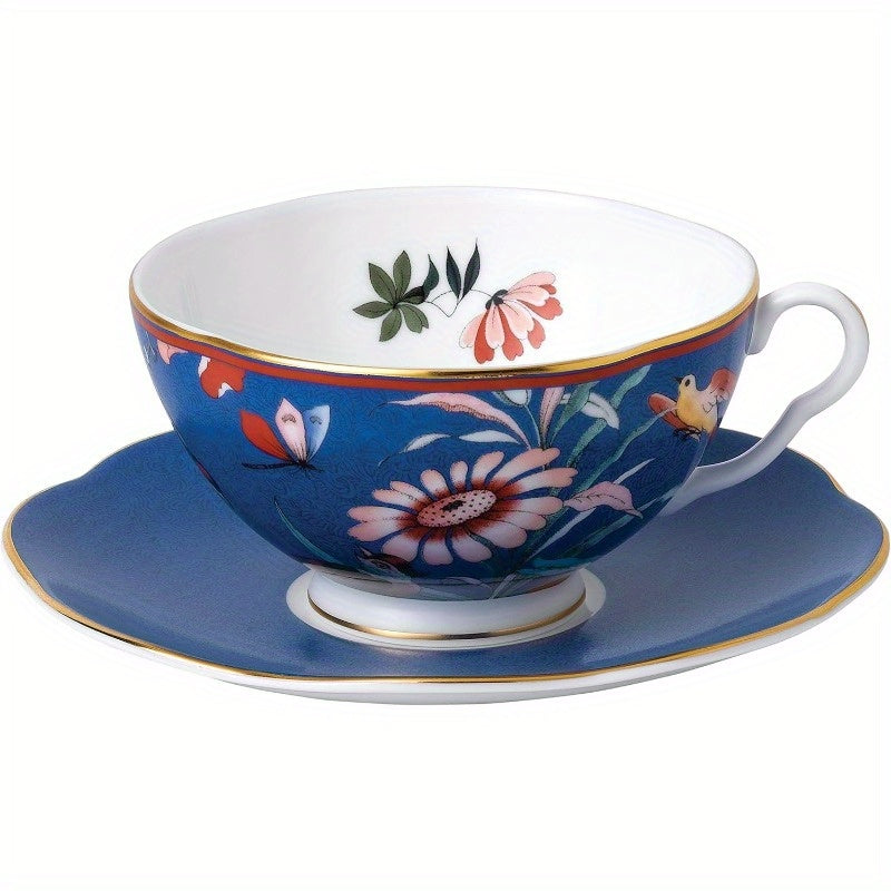 Paeonia Blush Teacup and Saucer - Blue Fine Bone China, 6.76oz, Hand Wash Only, Reusable, Elegant Floral Design with Pink, White, and Green Flowers, Perfect for Travel and Home Use, Home Tea Accessories | Elegant Floral Design | Durable Teacup, Tea