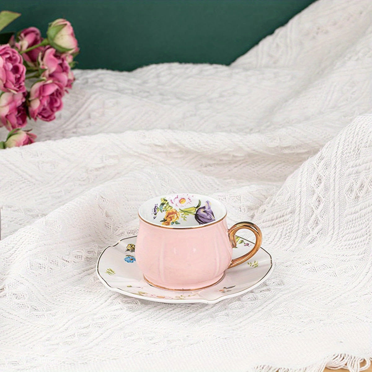 Pink Coffee Cup and Saucer Set, Porcelain Tea Cup with Golden Trim, Big Floral Tea Cup for Gift, Tea Party, 7, 43oz, Perfect for Thanksgiving, Christmas, Halloween, Easter, Mother'S Day, Father'S Day, Thanksgiving Gift, Elegant Tableware, Durable