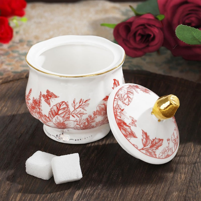22pcs Vintage Red Floral Porcelain Tea Set with Golden-Rimmed White & Pink Bone China Tea Service, Elegant Serving Tray & Storage Holder - Wedding, Birthday, Anniversary Gift for Women, Tea Party, Everyday Use - Durable & Safe Mineral-Based Porcelain,