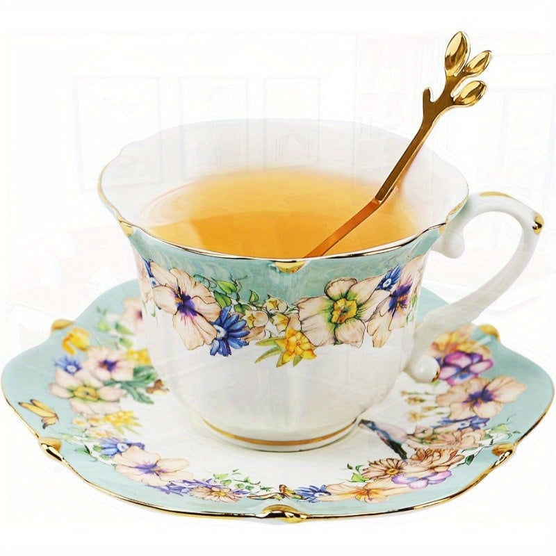 3pcs Vintage Floral Tea Cup and Saucer Set with Golden Trim - Light Cyan Porcelain, Insulated Ceramic, Hand Wash Only, Ideal for Women'S Tea Parties, Includes 1 Cup and 2 Saucers, Tea Party Essentials | Elegant Tableware | Durable Ceramic, Tea Party