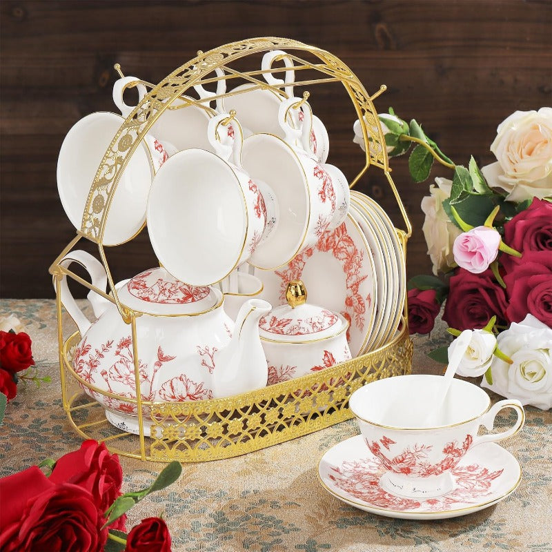 22pcs Vintage Red Floral Porcelain Tea Set with Golden-Rimmed White & Pink Bone China Tea Service, Elegant Serving Tray & Storage Holder - Wedding, Birthday, Anniversary Gift for Women, Tea Party, Everyday Use - Durable & Safe Mineral-Based Porcelain,