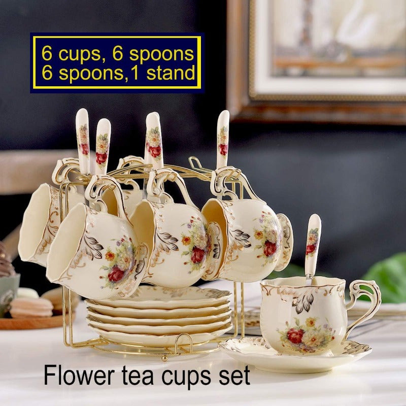 Flowering Shrubs Tea Cups and Saucers Set of 6 Ivory Ceramic Floral Tea Cups Set with Golden Rack Coffee Cups 8oz, Cups for Tea, Porcelain Tea Cup, Teacup, Tea Sets, Elegant Tableware, Tea Party Supplies, Vintage Tea Ware, Decorative Teacups, Fine China