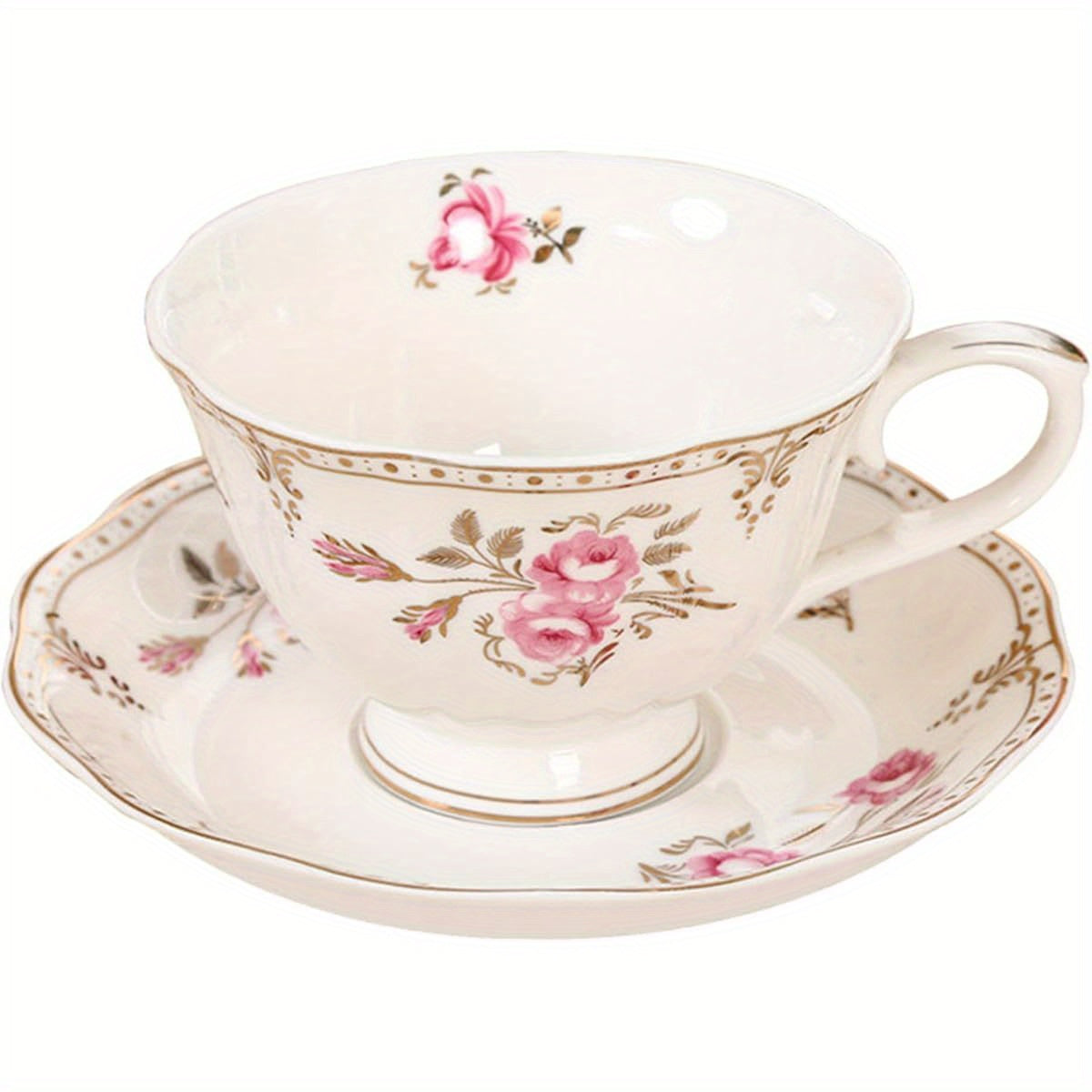 7, 4oz Floral Porcelain Tea Cup and Saucer Set, Light Pink Coffee Cup with Golden Trim, Vintage British Tea Cup, Elegant Tableware for Home or Restaurant Use, Durable and Stylish Design, Tea Cup Set, Restaurant Tableware, Classic Elegance, Highquality