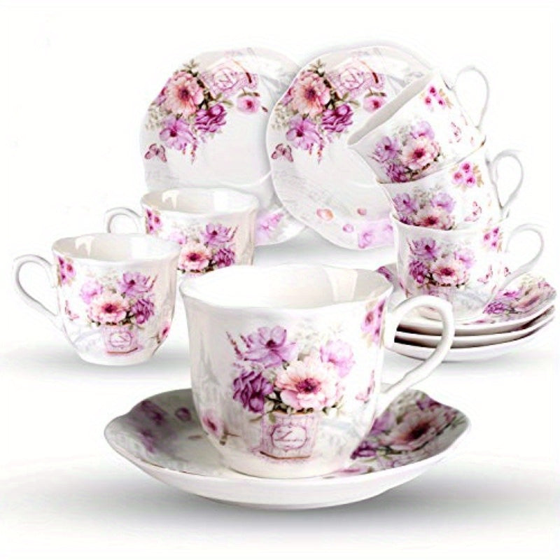 Elegant Floral Porcelain Tea Cups and Saucers Set of 6, 7oz - Pink and Purple Flowers, Microwave & Dishwasher Safe, Ideal Gift for Tea Lovers, Tea Cup Set