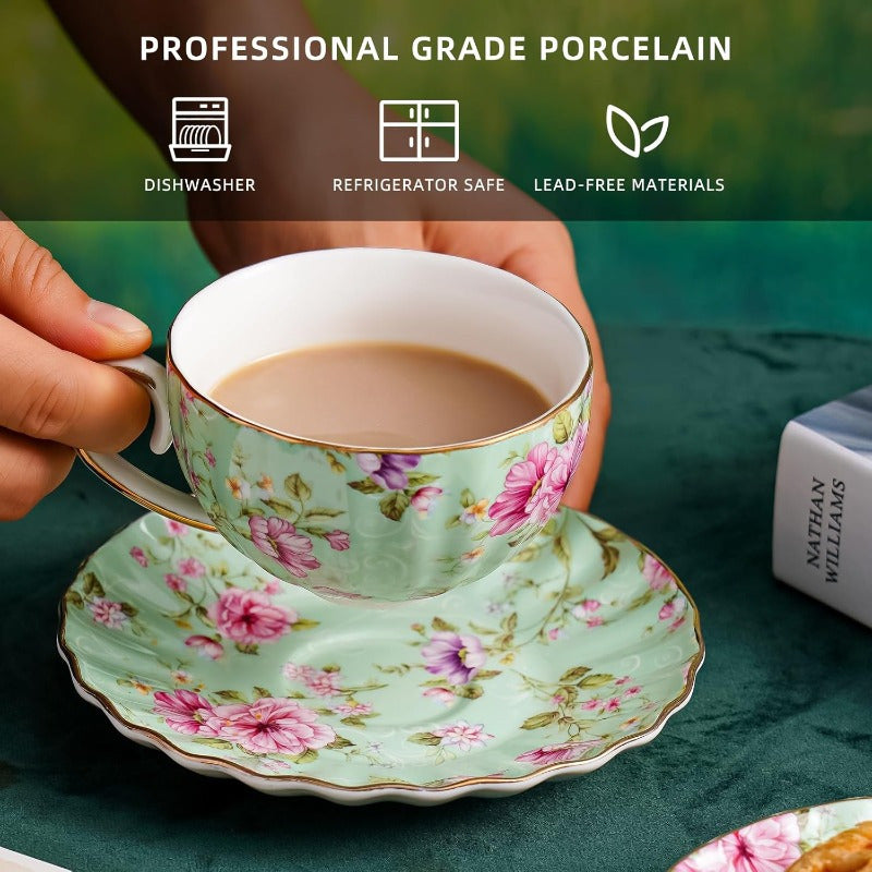 Tea Cup and Saucers 6. 4oz Floral Tea Cups with Golden Trim Porcelain Bone China Teacup Coffee Cappuccino Espresso Latte Mugs for Party Birthday Party Cafe Home Christmas Gift Green