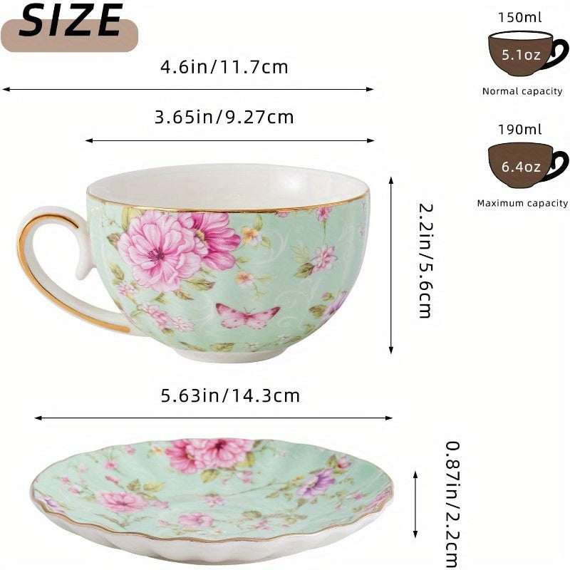 Tea Cup and Saucers 6. 4oz Floral Tea Cups with Golden Trim Porcelain Bone China Teacup Coffee Cappuccino Espresso Latte Mugs for Party Birthday Party Cafe Home Christmas Gift Green