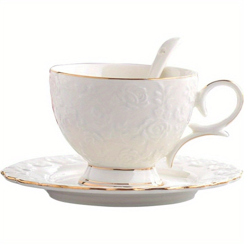 1pc Vintage Bone China Tea Cup and Saucer Set - Elegant Floral Teacup with Golden-Rimmed Edge, 6.8oz Capacity, Euro Style Elegant Tableware for Tea Parties, Weddings, Everyday Use - Dainty White & Golden Bone China Dinner Party Set, Ideal Gift for Women