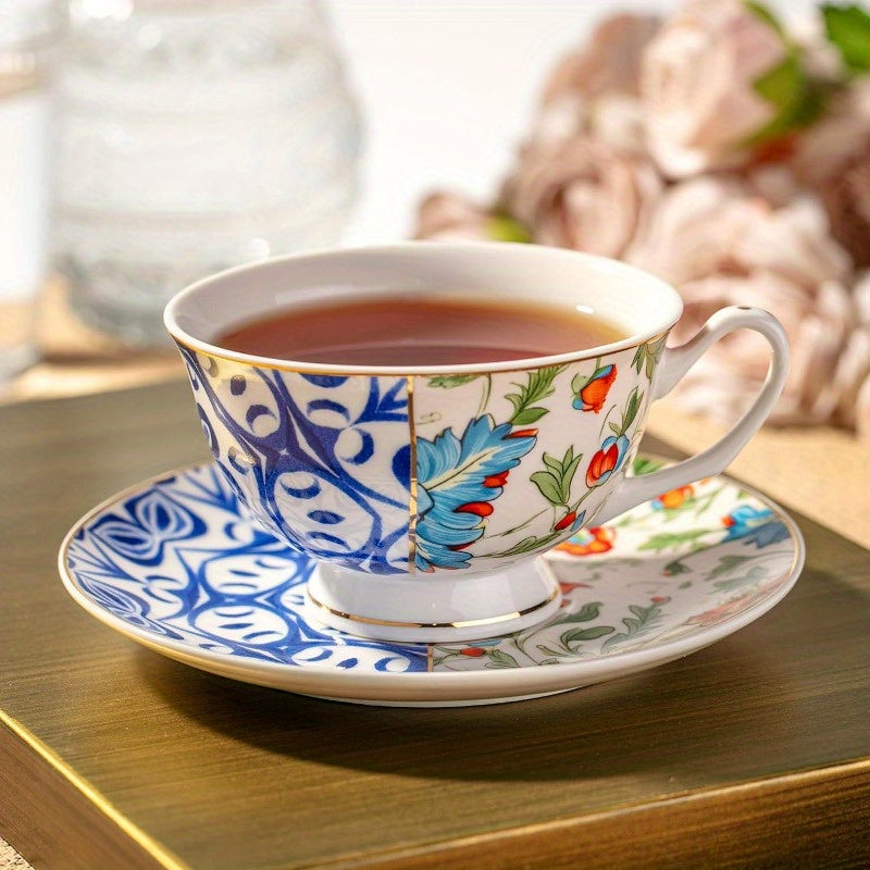 BTaT Set of 6 Vintage Indigo Bloom Floral Porcelain Tea Cups & Saucers - 8oz Elegant Blue & White Bone China-Style Cups with Dishwasher Safe Design, Microwave & Freezer Safe, Stackable for Space-Saving Storage - Ideal for Tea, Coffee, Home or Gifting,